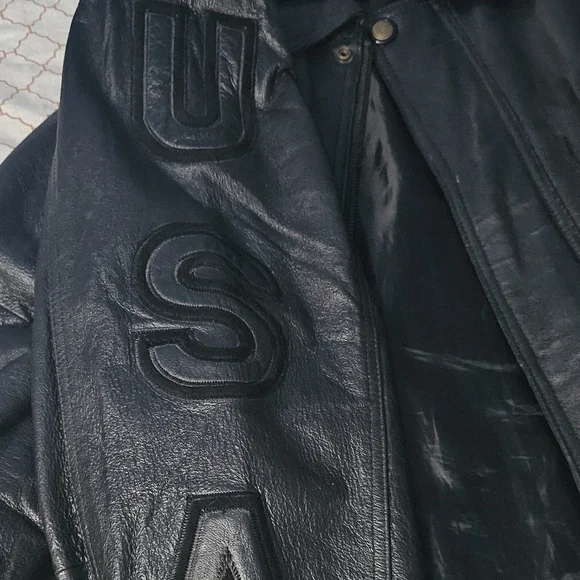Men's Black Leather Jacket with Embroidered Design